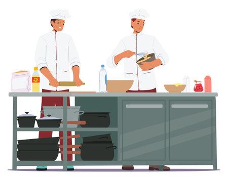 Baker team restaurant kitchen staff cooking kneading and rolling out dough vector illustrationのイラスト素材