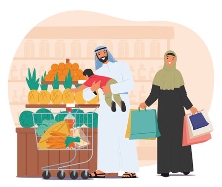 Arabic family with toddler kid cartoon character wearing traditional clothes shopping at supermarketのイラスト素材