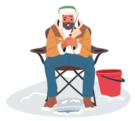 Experienced bearded man fisher cartoon character feeling excited enjoying fish catching processのイラスト素材