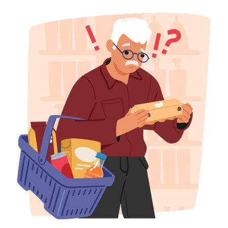 Old senior man buyer cartoon character choosing fresh eggs while doing shopping in supermarketのイラスト素材