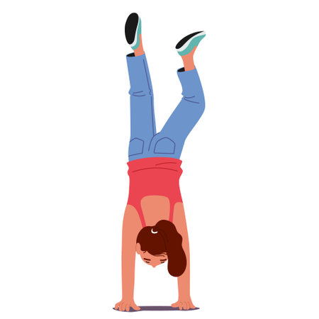 Girl child cartoon character balancing body holding hand upside down pose isolated on whiteのイラスト素材