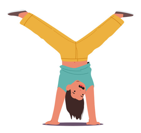 Little boy child cartoon character doing handstand balancing upside down training breakdanceのイラスト素材