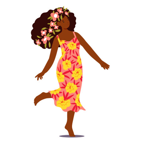 Gorgeous woman cartoon character with flowers in hair wearing dress in floral prints isolatedのイラスト素材