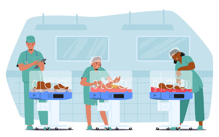 Medical staff performing professional care to newborn baby in neonatal intensive therapy departmentのイラスト素材