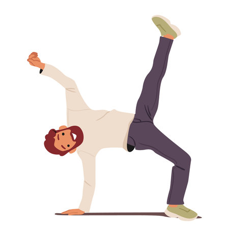 Trendy fashion guy standing upside down showcasing funny positive emotions rejoicing success