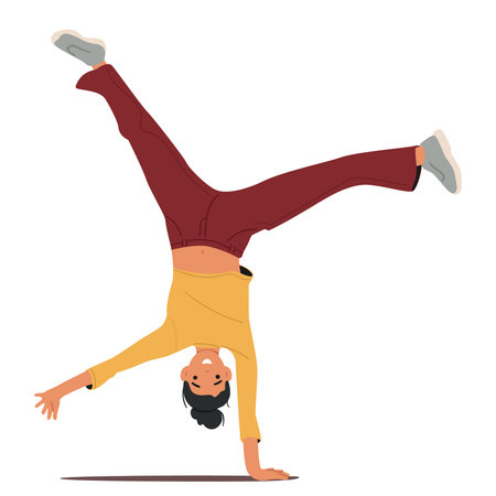 Funny teenage girl cartoon character standing upside down enjoying joyful activity occupation