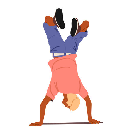 Athlete teenage guy cartoon character jumping on hands stands upside down performing acrobatic trick