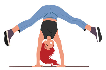 Funny happy smiling woman trendy fashion cartoon character performing handstand gymnastic element