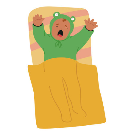 Newborn baby wearing cute frog costume stretching out his arms crying loudly feeling lack of careのイラスト素材