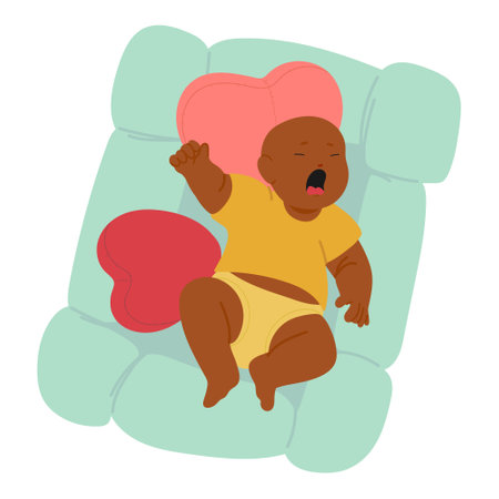 Pretty lovely newborn baby expressively crying and weeping feeling pain, hungry or sleepy in bedのイラスト素材