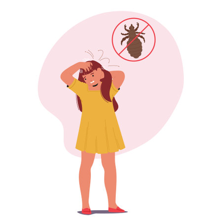 Little pretty girl child cartoon character scratching head suffering from pediculosis contaminationのイラスト素材