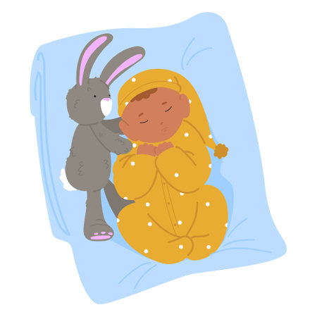 Sleeping newborn wearing cute nightdress lying in bed with favorite bunny toy vector illustrationのイラスト素材