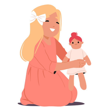 Little pretty girl playing doll feeling happy and cheerful sitting on floor isolated on whiteのイラスト素材