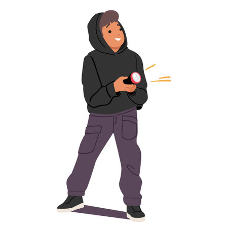 Teen boy cartoon character playing spy game holding flashlight in hands looking for somethingのイラスト素材