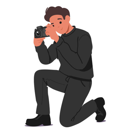 Teenage guy child cartoon character taking picture photo by camera playing crime investigationのイラスト素材