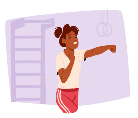 Happy satisfied woman cartoon character learning self defense technique while training in sports gymのイラスト素材