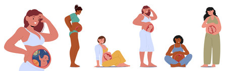 Pregnant woman cartoon characters with baby in belly standing and sitting in different position setのイラスト素材