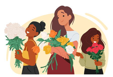 Cute teenage girls with bunch of flowers celebrating holiday event feeling positive and happinessのイラスト素材