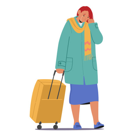Young sad woman character crying walking with luggage suitcase while leaving home isolated on whiteのイラスト素材
