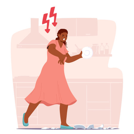 Desperate furious woman cartoon character breaking dishes feeling annoyed due to emotional pressureのイラスト素材