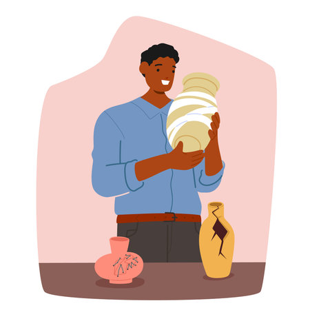 Man professional potter artist cartoon character fixing broken antique ceramic amphora at workshopのイラスト素材