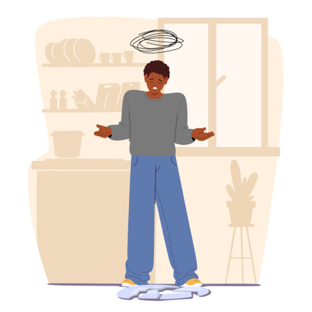 Upset teenage guy cartoon character feeling unhappy due to break dish bowl while cooking on kitchenのイラスト素材