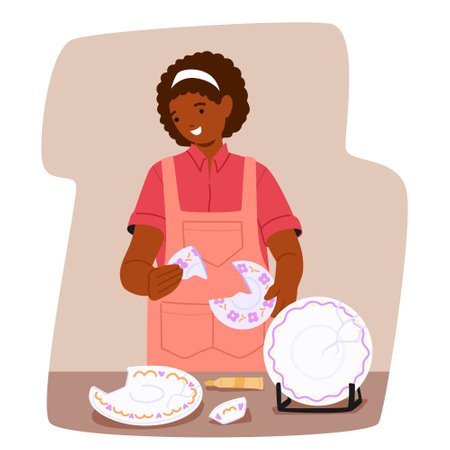Young woman cartoon character enjoying restoration process working on fixing crashed ceramicsのイラスト素材