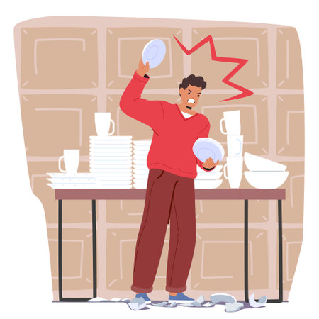 Angry young man character breaking dishes training psychological method of coping with aggressionのイラスト素材