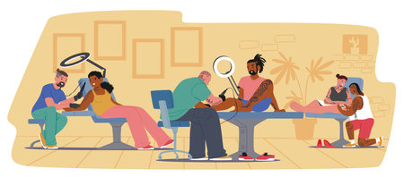 Tattooed master working with client drawing picture decoration on skin with professional equipmentのイラスト素材