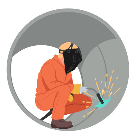 Man welder working in huge pipe welding metal construction soldering steel inner surface sceneのイラスト素材