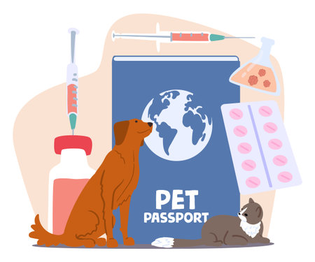 Pet passport, veterinary document for dogs and cats domestic animals cartoon vector illustrationのイラスト素材