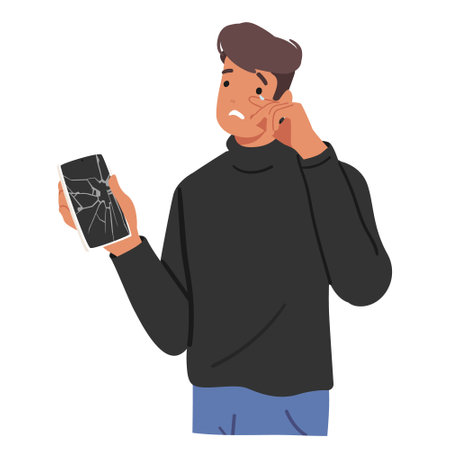 Man cartoon character crying feeling negative emotion due to damaged smartphone isolated on whiteのイラスト素材