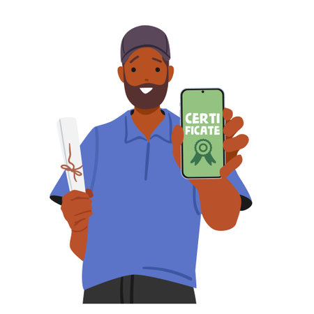 Happy man cartoon character holding smartphone and diploma certificate of online course graduationのイラスト素材