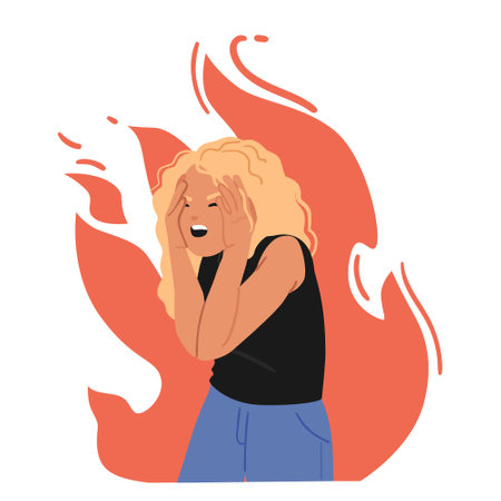 Furious teenage girl cartoon character burning in flame of anger, rage, hysteria isolated on whiteのイラスト素材