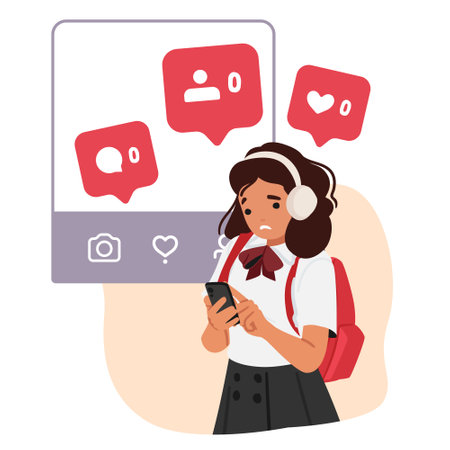 Sad schoolgirl looking at phone screen feeling anxiety due to no activity in social media accountのイラスト素材