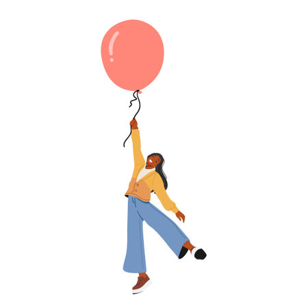 Cheerful casual pretty young woman cartoon character floating with helium balloon in handsのイラスト素材
