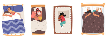 Young and elderly family couple, single woman and little child cartoon character sleeping in bedのイラスト素材