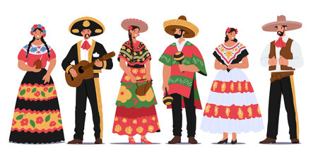 Mexican people musicians and dancers cartoon characters wearing traditional costumes isolated setのイラスト素材