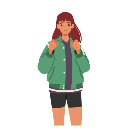 Teenage girl cartoon character pointing with two index finger forward at you isolated on whiteのイラスト素材