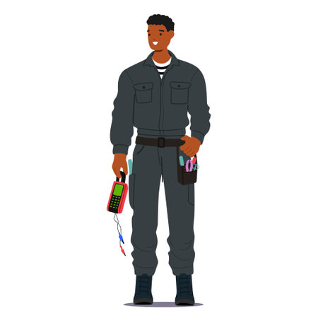 Electrician sailor cartoon sea cruise crew character wearing uniform holding professional toolsのイラスト素材
