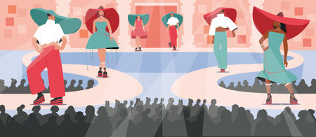 Fashion show with top models wearing designer clothing walking on catwalk front of audience sceneのイラスト素材