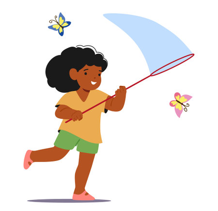 African American girl kid cartoon character running with net catching butterflies isolated on whiteのイラスト素材