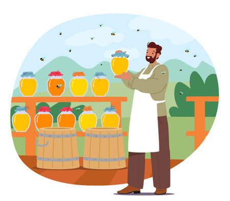 Male beekeeper cartoon character holding jar with fresh natural honey checking apiary harvestのイラスト素材