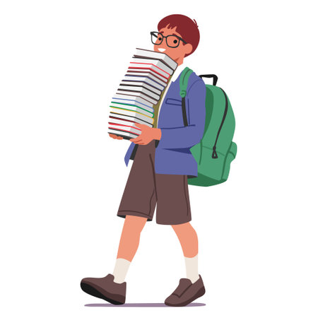 Smart nerd boy student cartoon character walking with books stack in hands isolated on whiteのイラスト素材