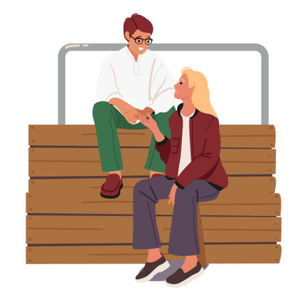 Young man and woman cartoon romantic couple characters holding hands together sitting on benchのイラスト素材