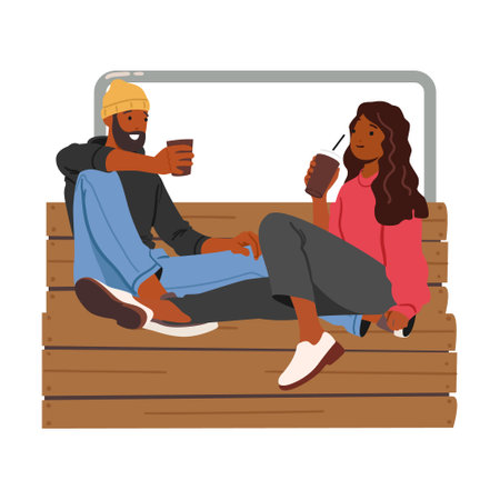 Happy romantic couple cartoon characters resting together sitting on wooden bench outdoorsのイラスト素材