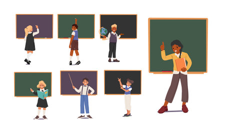 Smart elementary student cartoon characters standing at empty blank chalkboard isolated setのイラスト素材