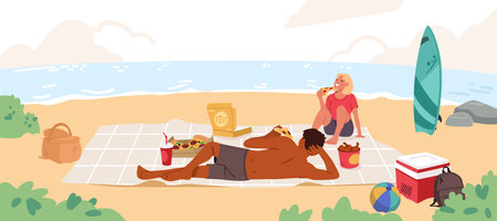 Multicultural man and woman couple cartoon characters enjoying picnic at seashore touristic sceneのイラスト素材