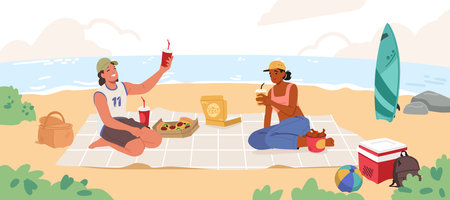 Happy man and woman friends cartoon characters enjoying picnic with meal and drinks rest at seashoreのイラスト素材