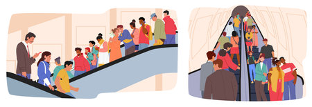 Diverse people crowd cartoon characters moving up and down using escalator transportation sceneのイラスト素材